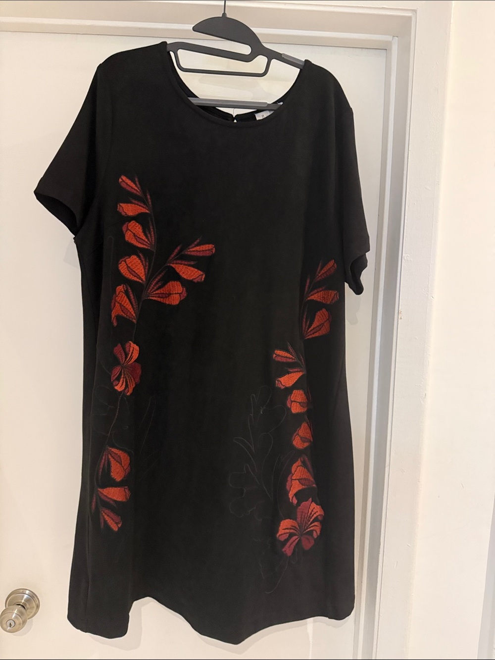 Women’s Black Suede Midi Dress with Red Rose Embroidery. Size 1X